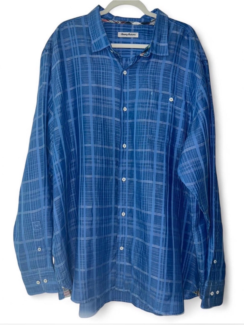 Tommy Bahama Men's 3XLT Blue Plaid Linen Tencel Blend Long Sleeve Shirt Tall